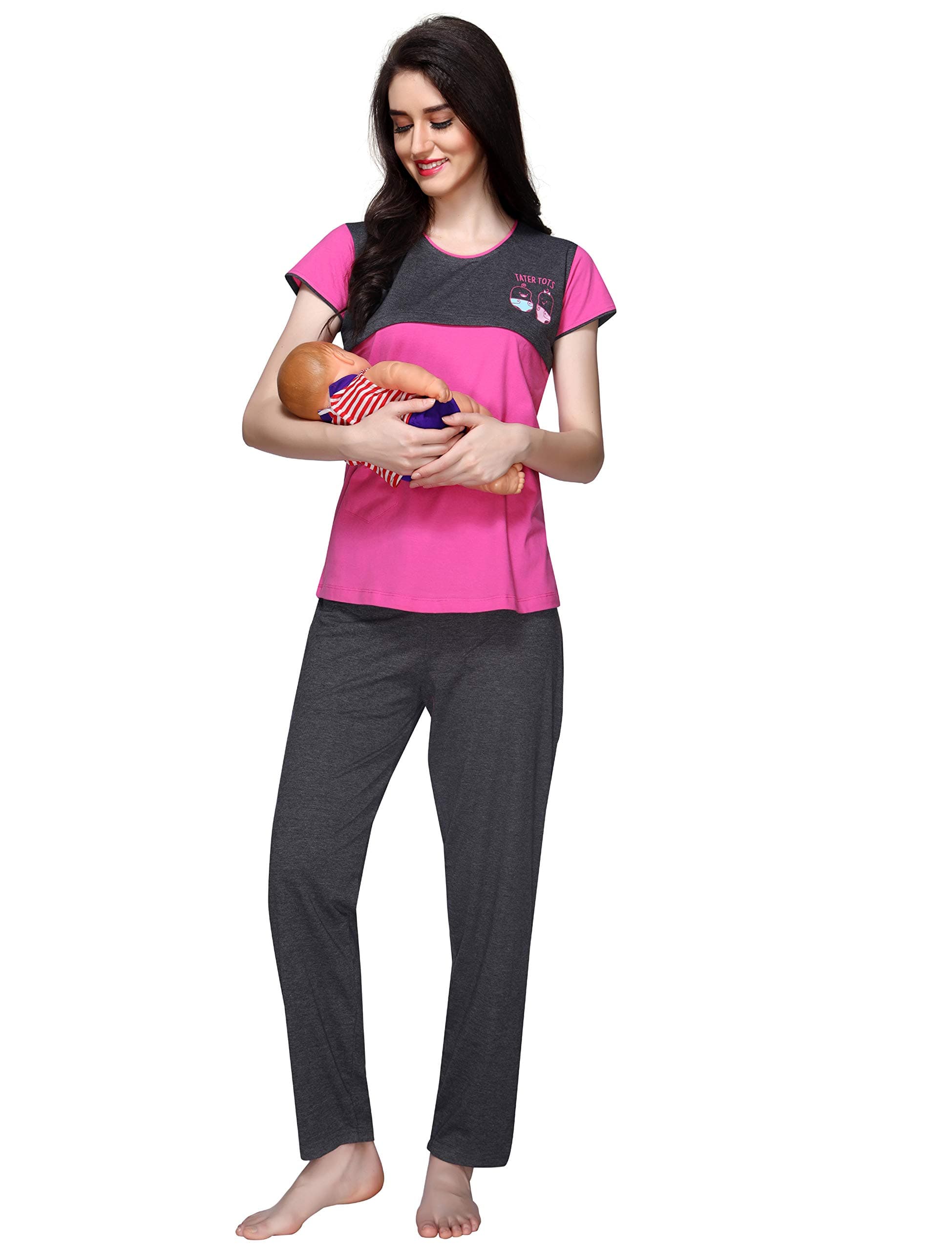 AV2 Women Cotton Nursing/Feeding Plain/Solid Nightsuit Pajama Set