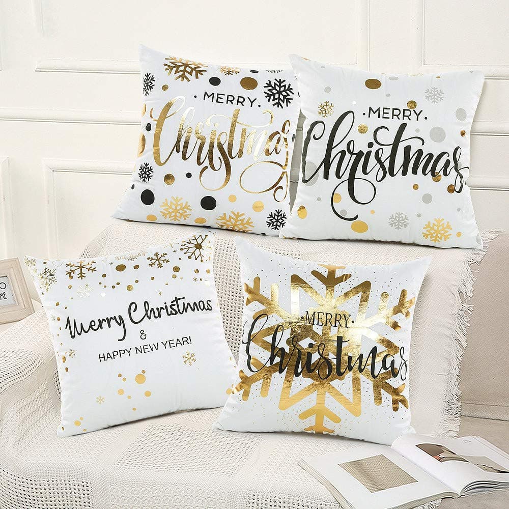 specool 4 pack Christmas Cushion Covers, Gold Pillow Cases White Throw Pillow Covers 45cm x 45cm, Decorative Couch Pillow Cases for Cushion 18x18 Inch, for Sofa, Couch, Bed and Car