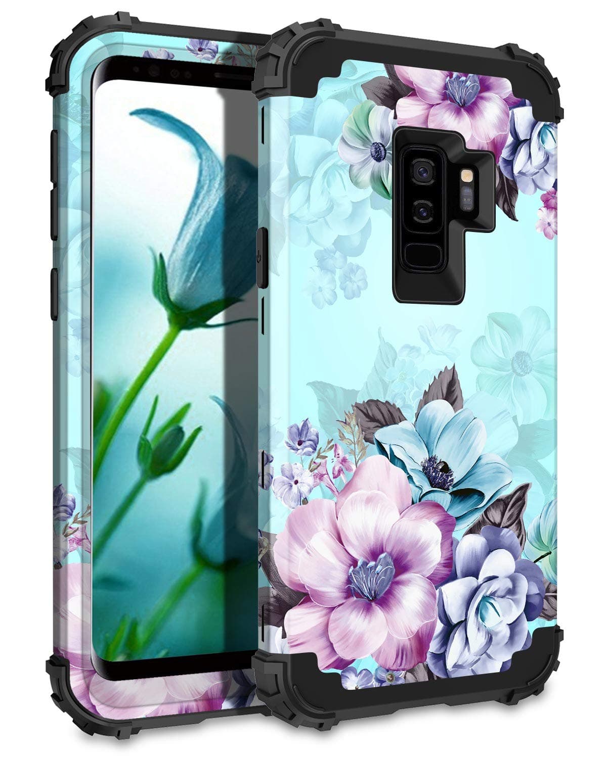 Casetego Compatible Galaxy S9 Plus Case,Floral Three Layer Heavy Duty Hybrid Sturdy Armor Shockproof Full Body Protective Cover Case for Samsung Galaxy S9 Plus,Blue Flower