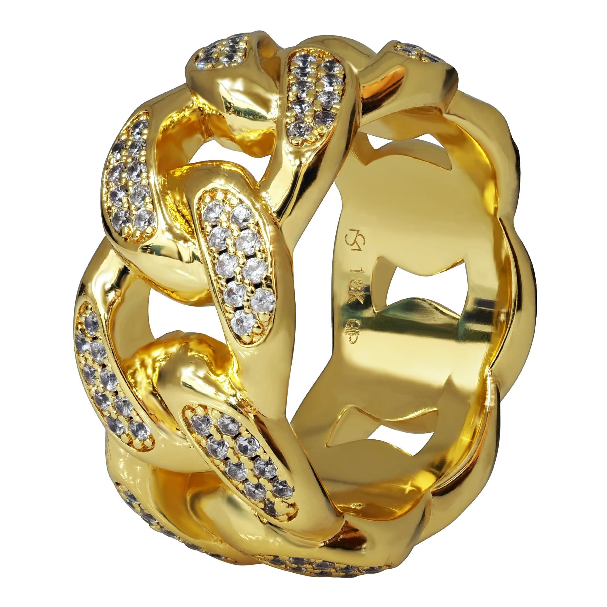 Premium 18K Real Gold Electroplated 11MM Simulated Diamond Solid Miami Cuban Link Chain Design Eternity Ring Made from Jewelers Alloy. Available in Sizes 7, 8, 9, 10, 11, 12, 13, 14