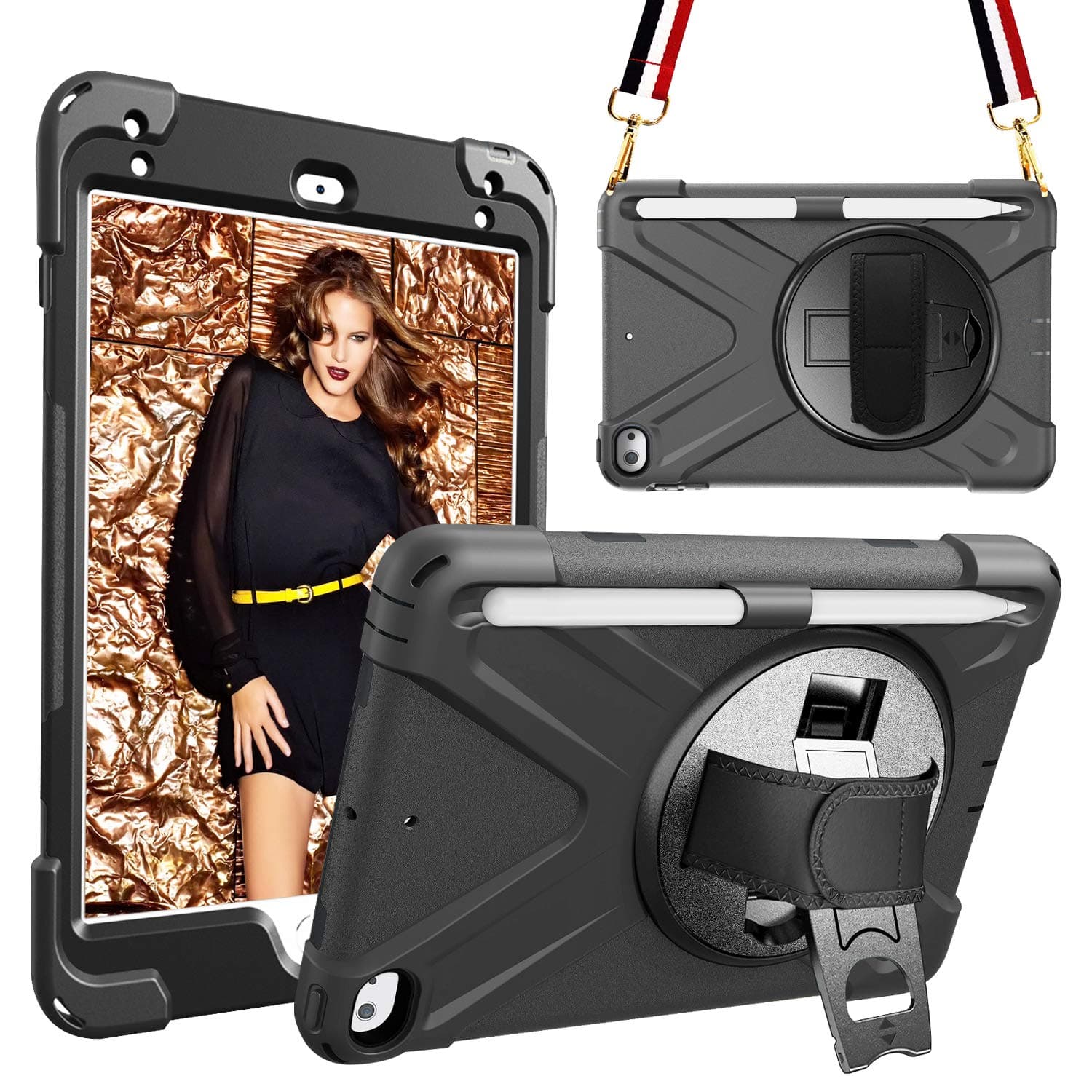 MAHYVE Case for iPad Mini 5 2019, iPad Mini 4 with 360 Rotational Rugged Heavy Duty Kickstand, Pencil Holder, Adjustable Hand Strap and Colorful Shoulder Strap (Black)