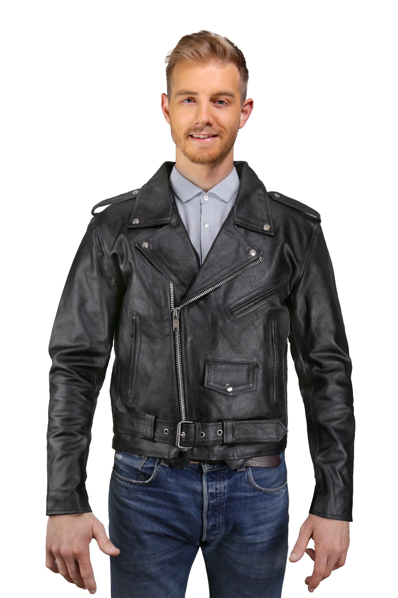 Mens Leather Motorcycle Jacket, Cowhide Leather Biker Jacket, Pockets Inside & Outside, Genuine Leather (Black, 56)
