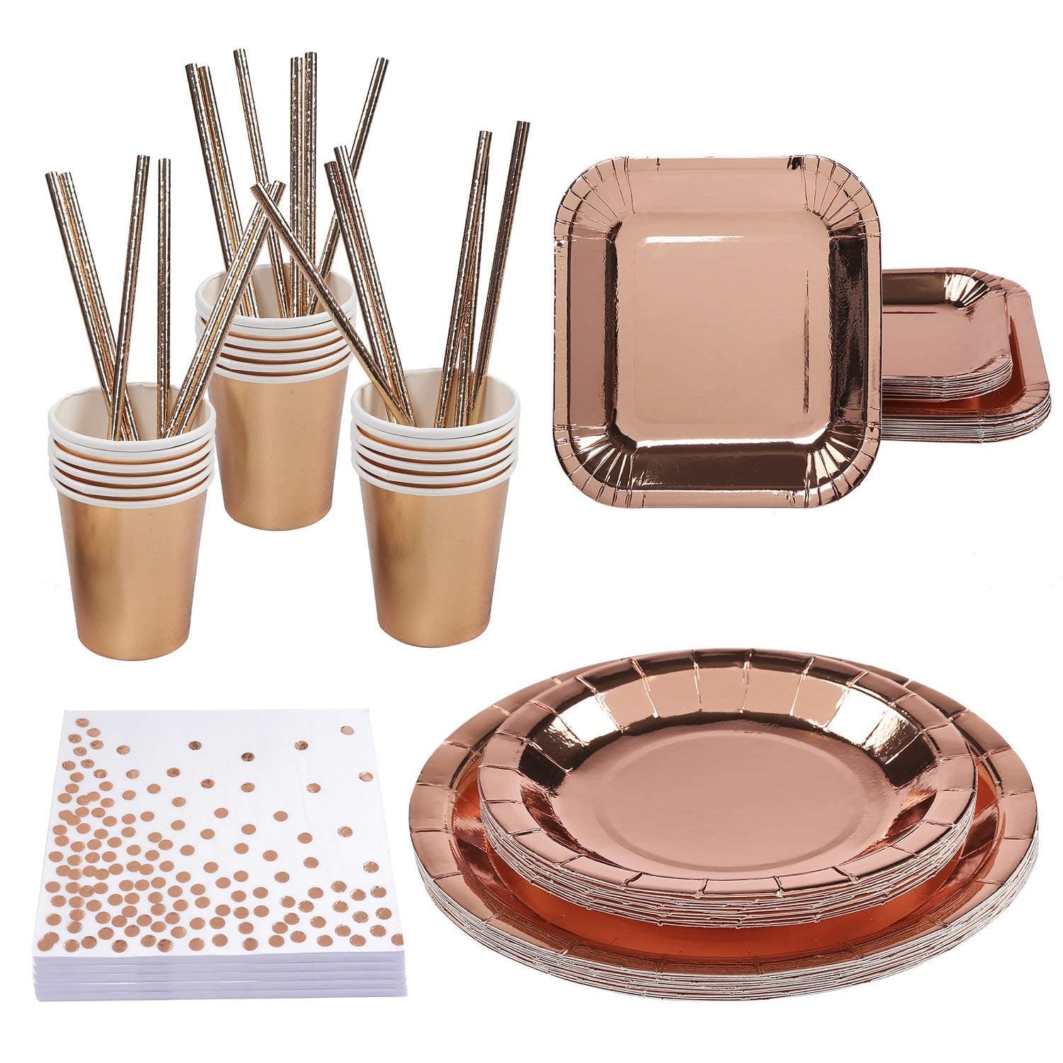 Peirich 146 Pieces Rose Gold Party Tableware Kit, Includes 50 Napkins, 24 Paper Straws 48 Pieces Disposable Paper Plates 24 Pieces Rose Gold Cups for Bridal Shower Wedding Party Decorations