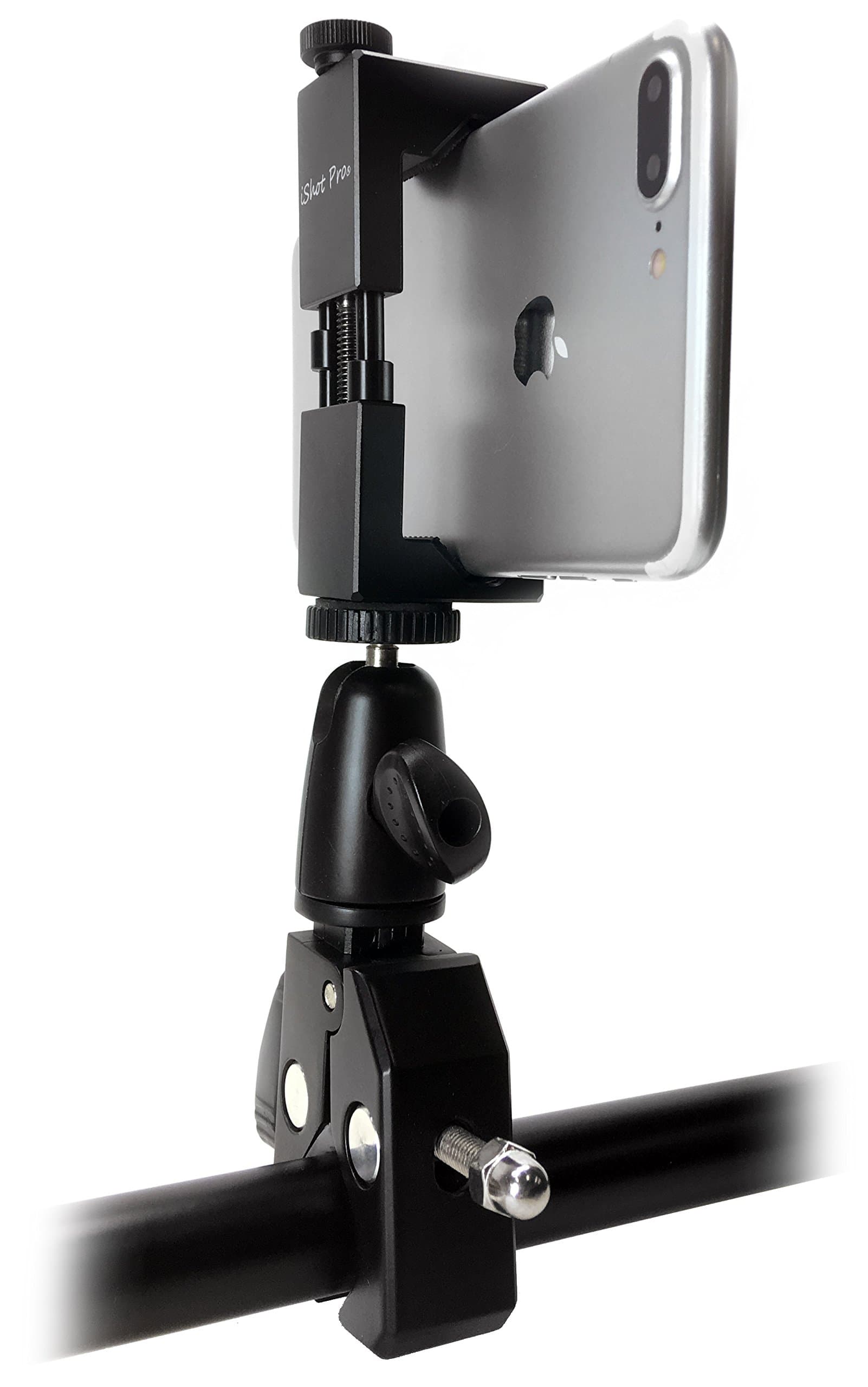 iShot Pro SecureGrip Metal iPhone Universal Smartphone Tripod Mount Adapter + HD Metal Pipe Pole Bar Clamp for Bike, Motorcycle, Boat, Golf Cart & More - Compatible with iPhone & Smartphone 2.5-3.6"