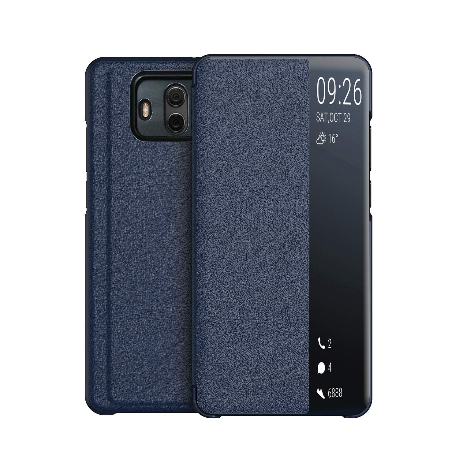 KANSI compatible for Huawei Mate 10 Case, Smart View Flip PU Leather Case Cover + Tempered Glass - Navy