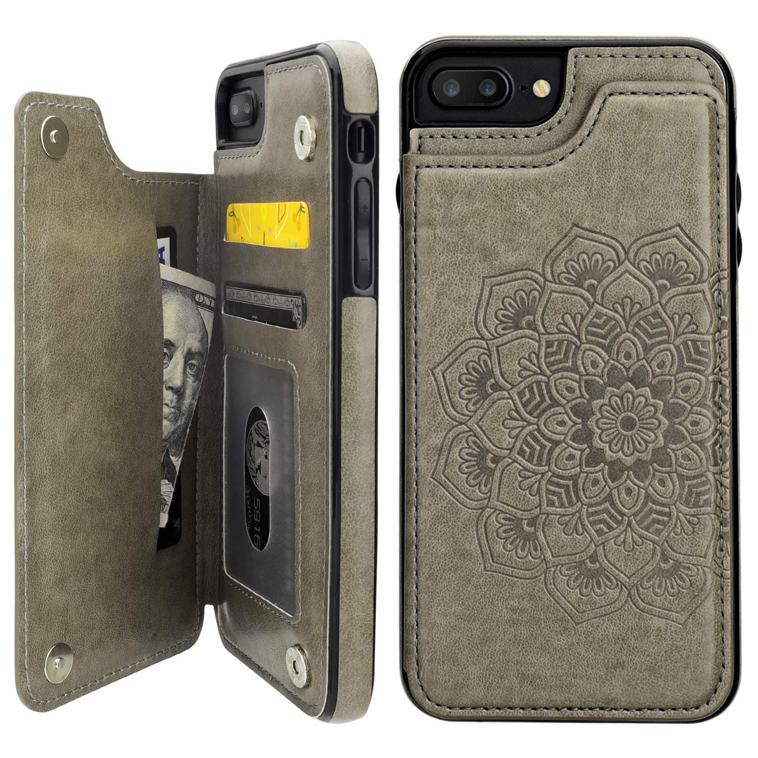 Vaburs iPhone 7 Plus iPhone 8 Plus Case Wallet with Card Holder, Embossed Mandala Pattern Flower Premium PU Leather Double Magnetic Buttons Flip Shockproof Protective Case(Gray)