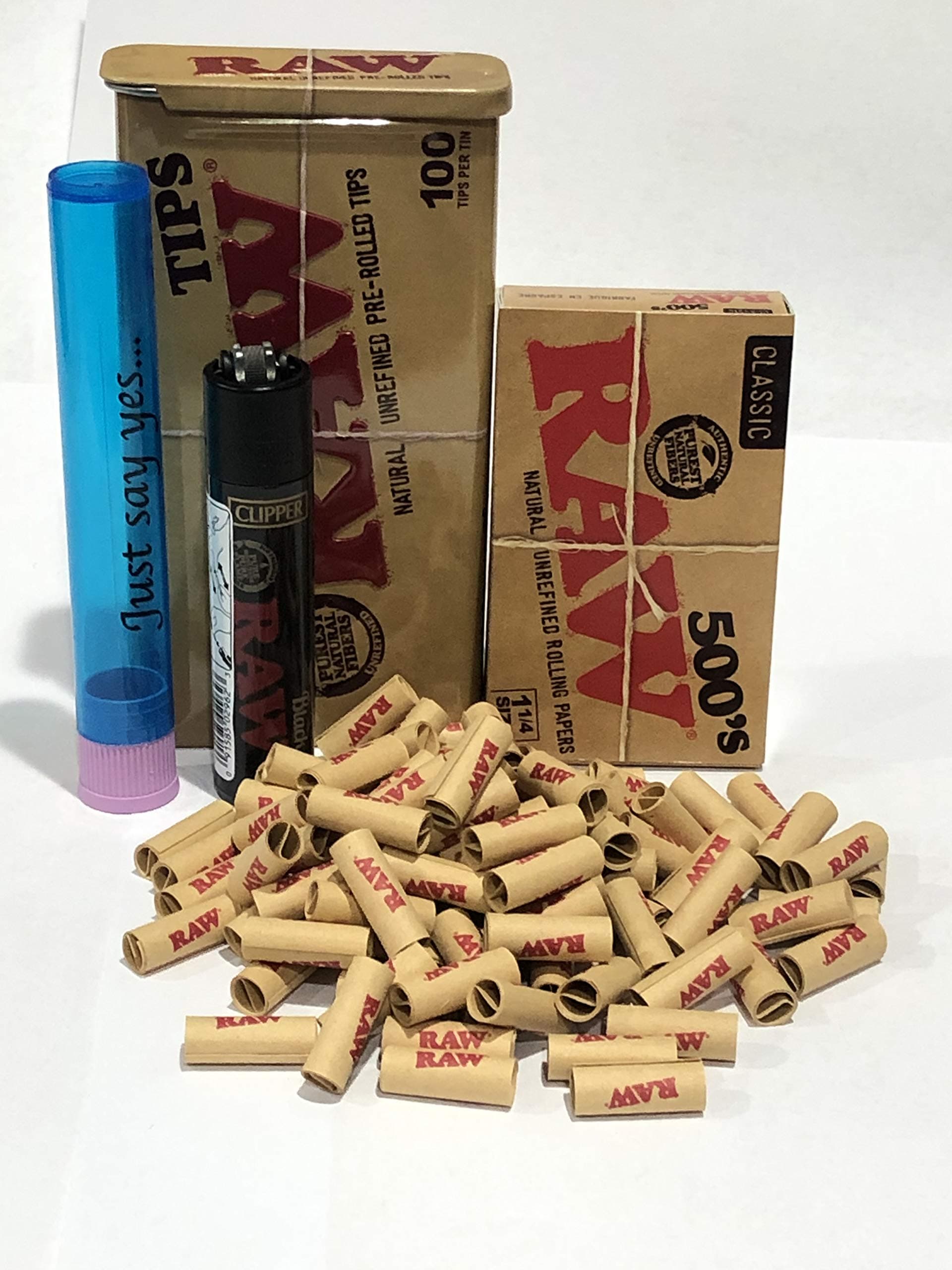 100 Raw PRE-Rolled Tips with Raw Storage Tin By DeLaCruzV Plus Raw Classic 500's 1 1/4 with DeLaCruzV Tube.