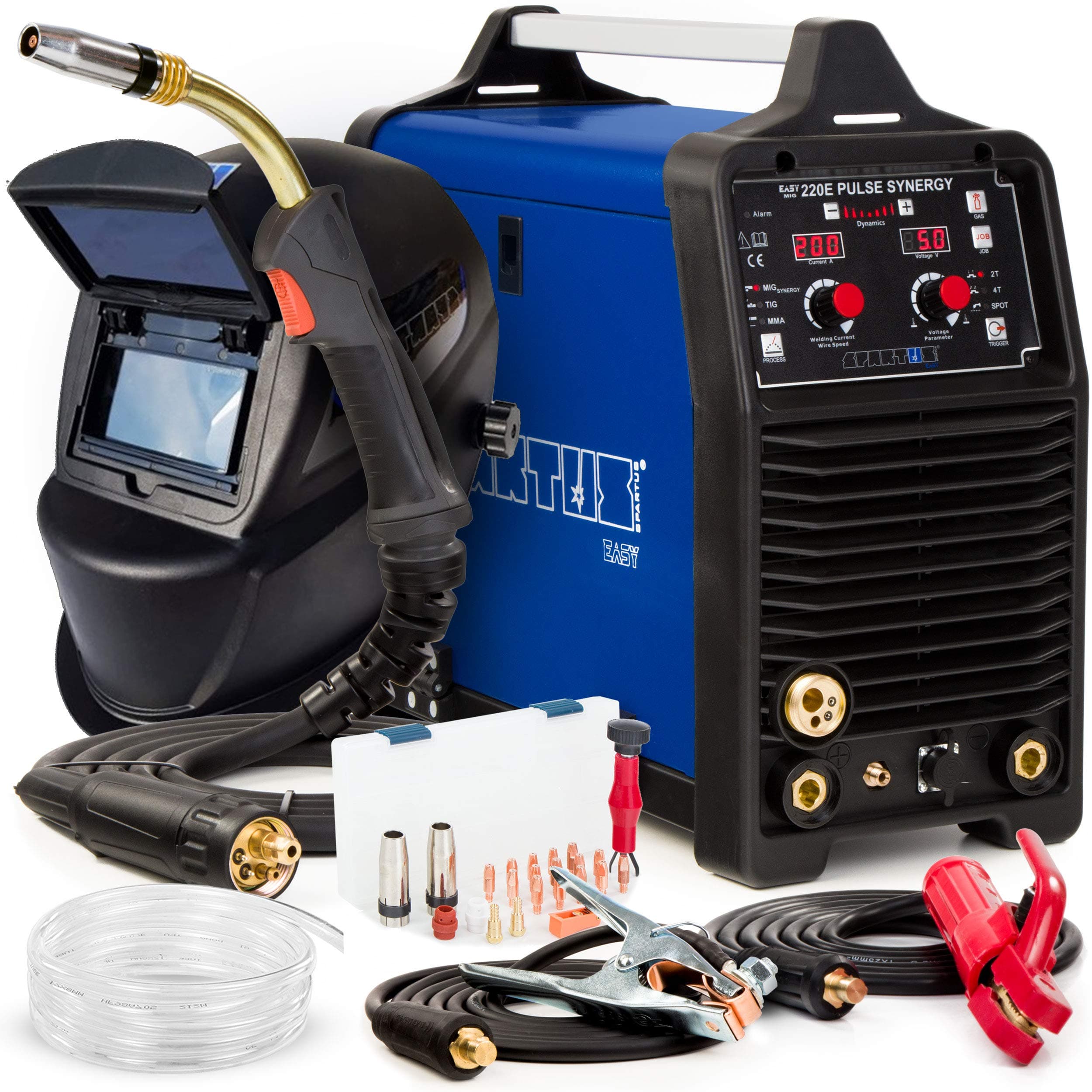 MIG Welder Pulse Welding Machine SPARTUS 220E 200 AMP Predefined Programs Helmet