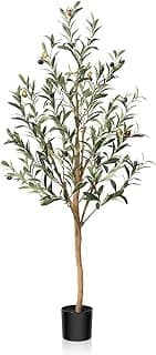 PlusFive5FT Olive Tree Artificial, Faux Olive Tree with Natural Wood Trunk & Lifelike Olivesfruits, Large Artificial Plants Indoors for Home Living Room Balcony Corner Office Decor Housewarming Gift