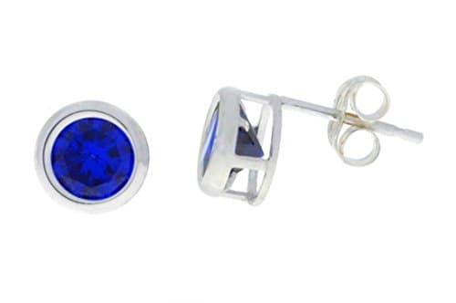 14Kt White Gold Created Blue Sapphire Bezel Stud Earrings