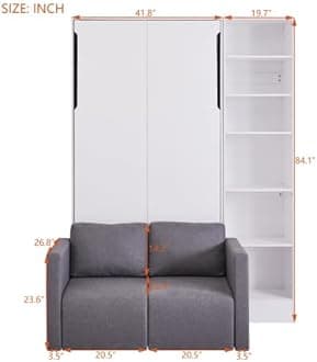 Bellemave Twin Size Murphy Bed with Sofa, Wall Bed with Shelves for Bedroom, Apartment, Home Office, White