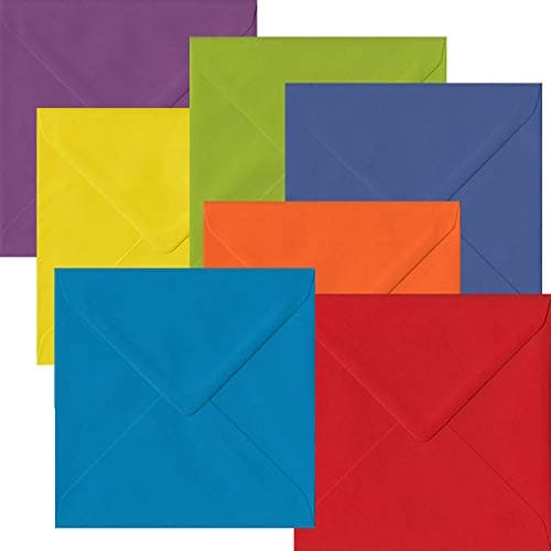 105 Colourful Rainbow Square Envelopes. Multi Coloured 155mm Square Gummed Gummed Envelopes in 7 Colours.