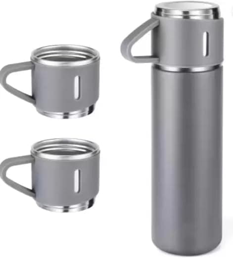 Vacuum Flask Gift Set Bottle with 3 Cups Flask 500 ml Flask (Pack of 1, Black, Steel) (Grey)