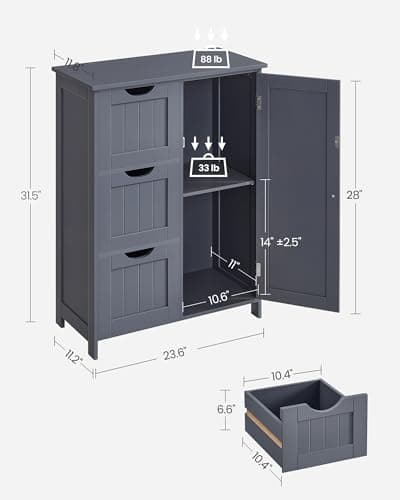 VASAGLE Floor Storage Cabinet, Freestanding Storage Unit with 3 Drawers, 1 Adjustable Shelf, for Bathroom Living Room Dining Kitchen, 11.8 x 23.6 x 31.5 Inches, Slate Gray UBBC049G01 | Freestanding, 3 Drawers, 1 Adjustable Shelf