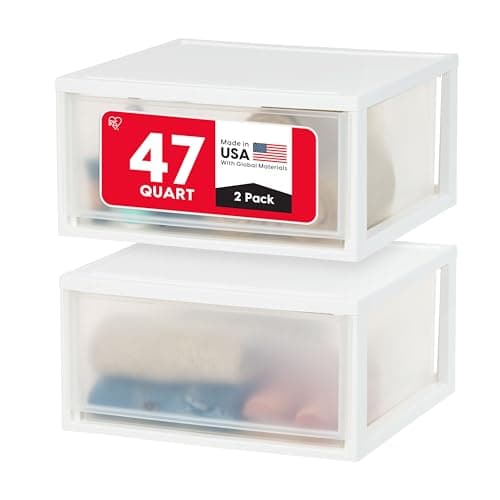 IRIS USA 47 Qt. Plastic Drawer Storage Organizer Stacking Drawers, 2-Pack, Stackable Unit with Sliding Drawer for Clothes Bedroom Kitchen Under Sink Pantry Craft Room Bathroom Dorm Office, White