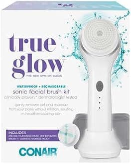 Conair True Glow Sonic Facial Brush Kit, Waterproof and Rechargeable with 2 Brush Heads and Cosmetic Storage Pouch