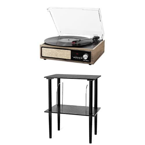 Victrola 3-in-1 Bluetooth Record Player with Built in Speakers and 3-Speed Turntable, Farmhouse Walnut & Victrola Wooden Stand for Wooden Music Centers with Record Holder Shelf, Black
