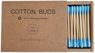 Color Premium Cotton Swabs Natural Cotton Buds Biodegradable Organic Double Tips for Ear Wax Removal (200PCs,Blue)