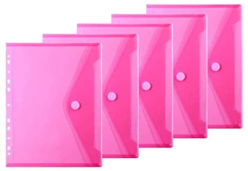 LaOficina 11 Holes Semi Poly Envelope Pocket Insert Pages for Binders, with Hook and Loop Closure Pink,A4 Letter Size,5 Packs