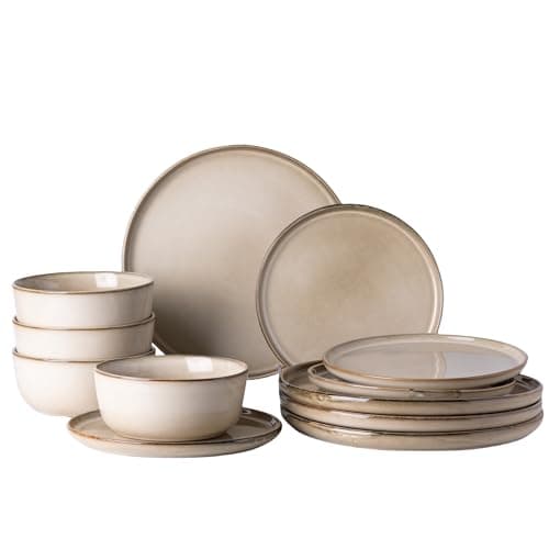 GBHOME Ceramic Dinnerware Sets for 4, 12 Pieces Stoneware Plates and Bowls Sets, Scratch Resistant Dishes, Dishwasher & Microwave Safe, Reactive Glaze-Cappuccino