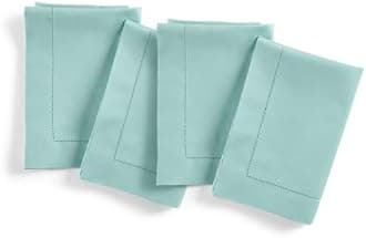 Solino Home Cotton Linen Napkins Set of 4 - Hemstitch Pastel Turquoise Dinner Napkins Cloth 20 x 20 Inch for Spring, Easter - Handcrafted and Machine Washable