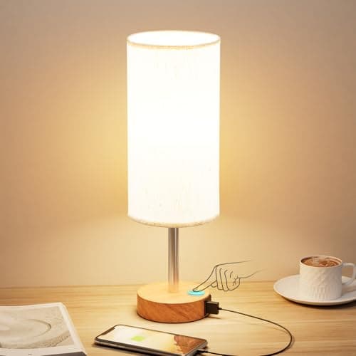 AooshineTouch Bedside Lamp, 3 Way Dimmable Table Lamps with USB C+A Charging Ports, Small Touch Lamps Bedside with Flaxen Fabric Shade for Bedroom, Living Room, Dorm(LED Bulb Included)