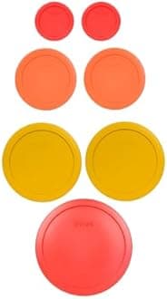 Pyrex (1) 7402-PC 6/7 Cup Red (2) 7201-PC 4 Cup Cobalt Blue (2) 7200-PC 2 Cup Orange (2) 7202-PC 1 Cup Green Food Storage Lids - 7 Pack