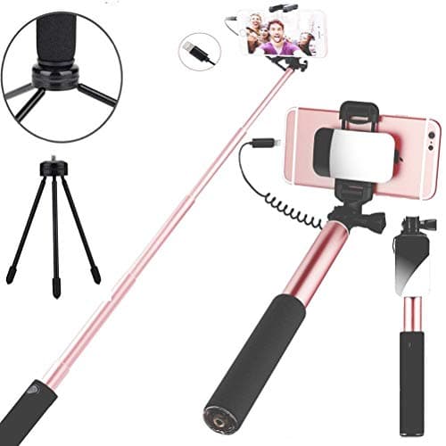 Selfie Stick,Wired Control Extendable Compact Handheld Tripod Mirror HD Rear Camera Long Selfie Stick Compatible with Iphone 8Plus 7 7Plus 6 6S Plus (Rose Gold)