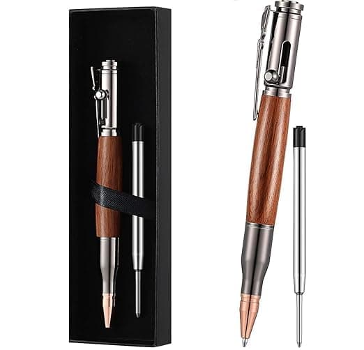 Bolt Action Pen Wood Ballpoint Solid Brass Pens Bullet Shaped Metal Pen and 1 Piece Pen Refills with 1 Present Box for Father's Day, Valentine, Birthday