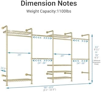 Timate F4 Wall Mounted Clothes Rack Industrial Pipe Clothing Rack for Hanging Clothes, Expandable Garment Rack Heavy Duty Wardrobe Closet Organizer and Storage, Adjustable Industrial Closet Kit, Gold