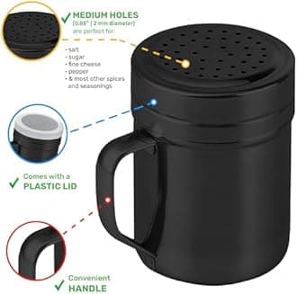 CUSINIUM 10oz Black Stainless Steel Salt Pepper Dredge Shakers - With Plastic Cap - With Handle - Pack of 2