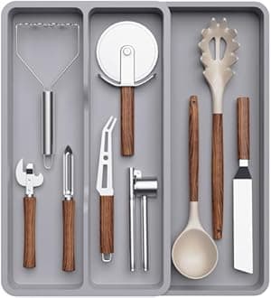 Lifewit Utensil Organizer for Kitchen Drawer, Expandable Cooking Silverware Tray, Adjustable Cutlery Flatware Holder, Plastic Spatula Tools Storage Divider, 14.4 x 15.8", Gray