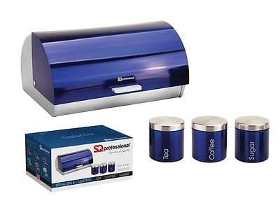 Metallic Sapphire Blue Kitchen Bread Bin Pita & Tea Coffee Sugar Canisters Steel Jar Storage