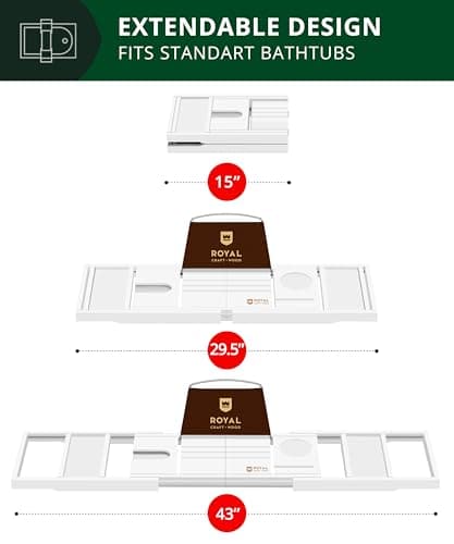 ROYAL CRAFT WOOD Luxury Bathtub Caddy Tray, 1 or 2 Person Bath and Bed Tray, Bath Tub Table Caddy with Extending Sides, Adjustable Organizer Tray for Bathroom - Free Soap Dish (White)