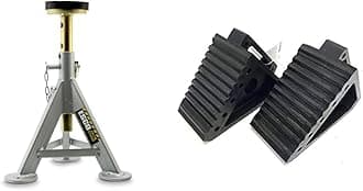 ESCO 3 Ton Jack Stand with MAXXHAUL Solid Rubber Heavy Duty Wheel Chocks