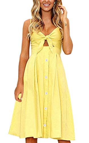 Women Dresses Summer Tie Front V-Neck Spaghetti Strap Button Down A-Line Backless Swing Midi Dress