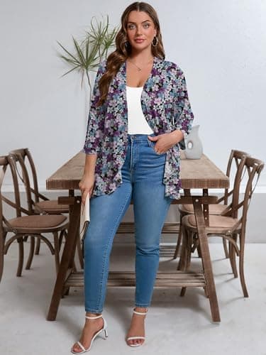 AusLook Women's Plus Size 3/4 Sleeves Lightweight Open Front Cardigan Draped Ruffles Shawls and Wraps Shrugs Kimono Jacket