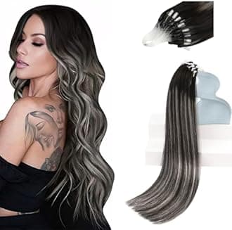 Sunny Hair Micro Bead Hair Extensions Real Human Hair Straight Microlink Hair Extensions Human Hair Natural Black Balayage Silver Grey Micro Loop Extension for Women 14inch 57g