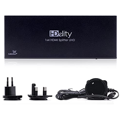 HDelity 1x4 HDMI Splitter (1 input 4 output) WITH EDID (18G) - Active HDMI 2.0 Amplifier - Ultra HD, Full HD, UHD, 4K2K, HDR, 1080p 3D and ARC. For PS3/PS4, XboX One/360, BluRay, DVD, HDTV