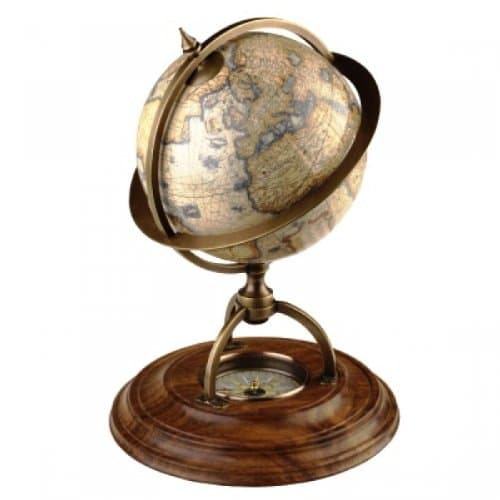 ProPassione Globe with Walnut Base, antique design, bronze stand, compass, Dimensions: h 21, globe Ø 14,5 cm