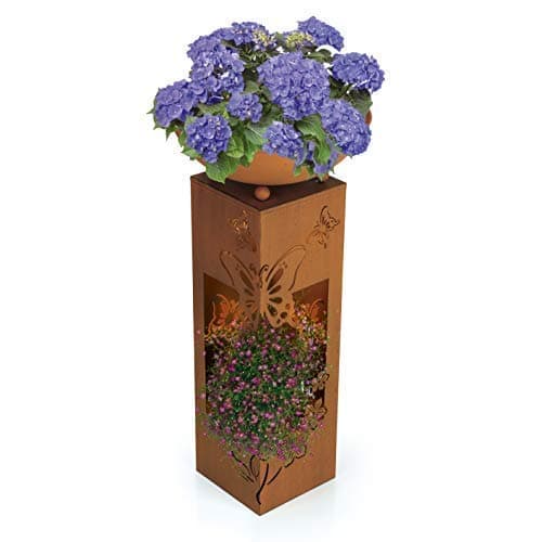 Hoberg Rust LED plant column 3D butterfly design look, removable plant bowl (diameter 34 cm), suitable for indoor and outdoor use, integrated lighting, 6h timer, wireless, 19 x 19 x 72 cm