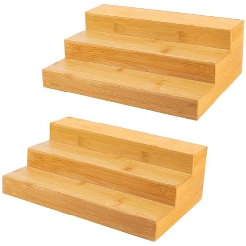 2 Pack Bamboo Spice Rack Organizer for Kitchen Counter, 3 Tier Spice Shelf Holder for Cabinet (Jars Not Included)