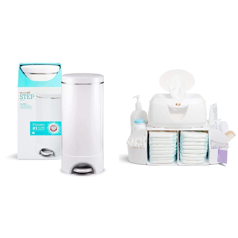 Step Diaper Pail and Diaper Change Organizer Bundle - Award-Winning Odor Control Pail Includes 1 Refill