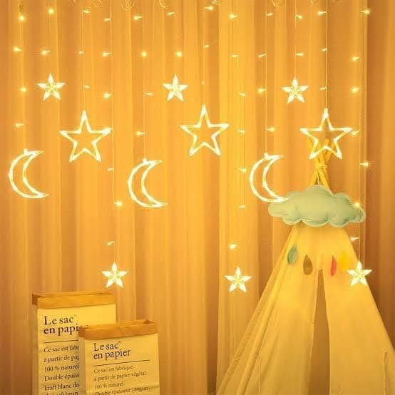 NSCC Decorative 3 Moon 3 Large Star 6 Small Star Curtain LED Strip Light with 8 Flashing Modes for Home (Plastic)(3 Moon + 3 Star + 6 Mini Star)