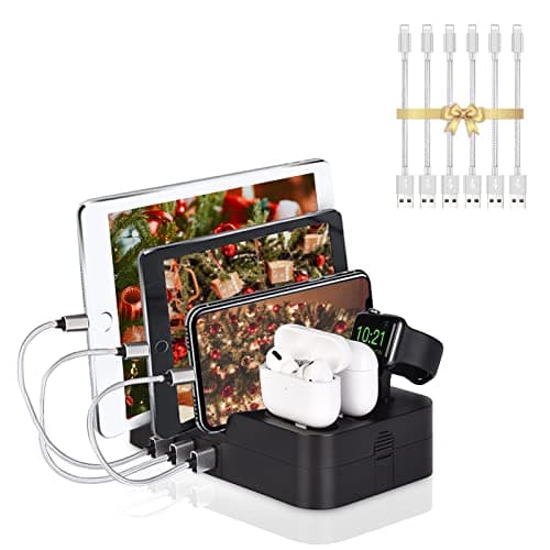 KeyEntre 6 Port USB Charging Station Multi Device USB Charging Dock Station HUB Desktop Charger Stand Organizer Compatible for iPhone ipad Airpods iwatch Kindle Tablet Multiple Devices, Black