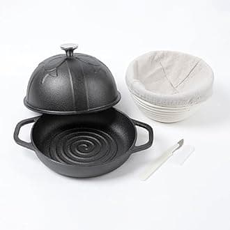 HAWOK Cast Iron Bread Cloche, Dia. 7.8inch/20cm, 0.95qt, with Proofing Basket and Dough Scoring Knife, Sourdough Baking Pan Pre-seasoned Black