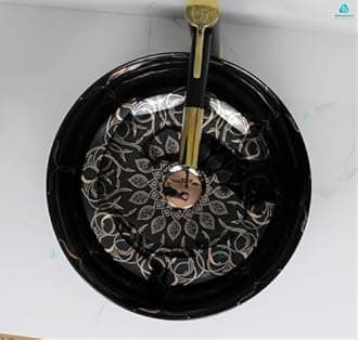 BASSINO 16x16x6 Inches Ceramic Counter Top Wash Basin/1 Year Warranty/Moroccan Round Tabletop Basin for Bathroom/Above Counter Sink for Dining Hall/Living Room/Hotel/Office(Black & Rose Gold Finish)