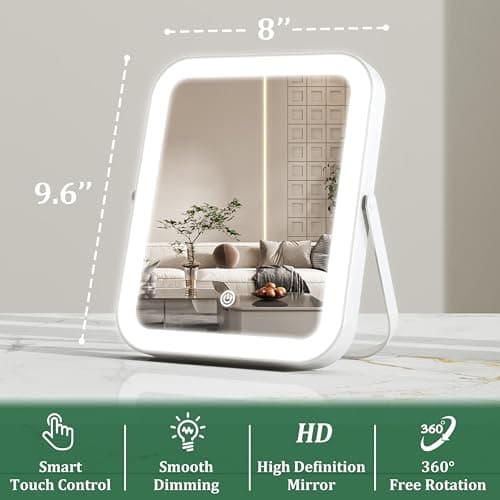 ROLOVE 8"x10" Lighted Vanity Mirror, Makeup Mirror with Light, Dimmable Touch Screen, Portable Travel Mirror with U-Shaped Bracket, Cosmetic Mirror with Lights for Makeup Desk ＆ Dressing Room