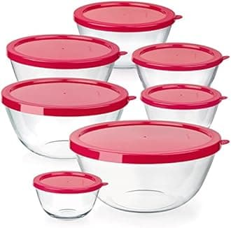 7 Stackable Space-Saving Nesting Glass Bowls with Pink Lids for Foodprep, Storage, Baking, Mixing & Cooking, Microwave Safe - Durable Inert Borosilicate Glass
