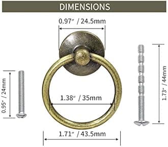 12Pcs Round Ring Drawer Pulls Vintage Bronze Ring Handle Knobs for Cabinet Drawer Dresser Cupboard Wardrobe, Single Hole